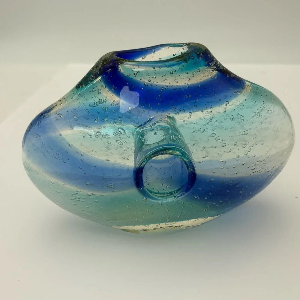 Vintage Blue and Clear Swirl  Glass Donut Vase - Picture 5 of 16